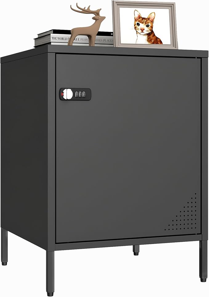 Steehoom Locker Nightstand with Lock and Adjustable Shelf, Dorm Lockable Cabinet Metal Bedside Table with Digital Combination Lock, Secure Storage End Table for Bedroom Office (Black)