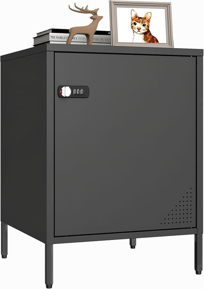 Steehoom Locker Nightstand with Lock and Adjustable Shelf, Dorm Lockable Cabinet Metal Bedside Table with Digital Combination Lock, Secure Storage End Table for Bedroom Office (Black)