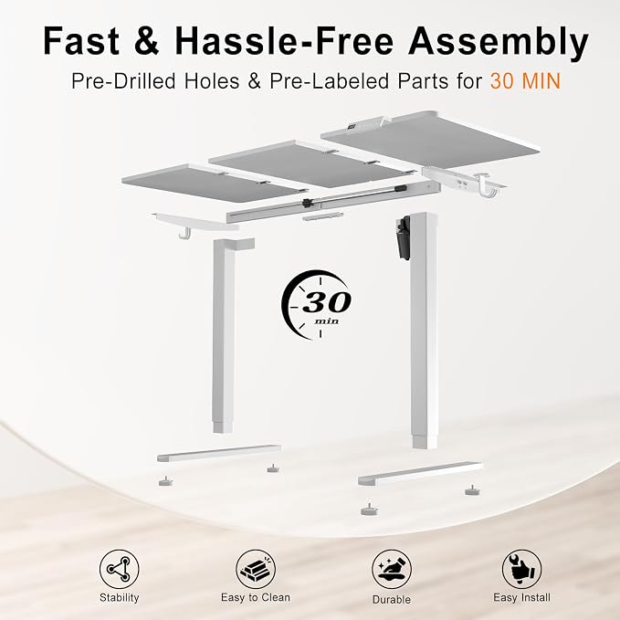Electric Standing Desk, 48x24 Inches Sit Stand up Desk with 3 Memory Presets & Child Lock, Silent Motor, Heavy Duty Steel Frame, Leveling Feet, for Minimalist Computer Workstation,White