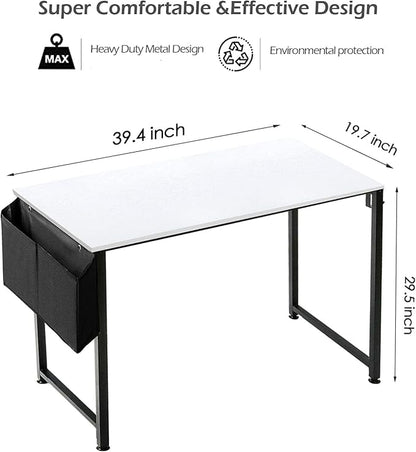 Lufeiya Computer Desk White Writing Table for Small Spaces Home Office 39 Inch Modern Study PC Desk with Storage Bag Hook, White Black