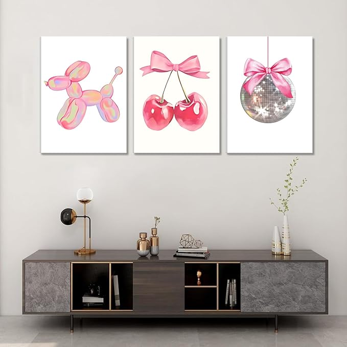 Trendy Pink Bows Canvas Wall Art Set of 3, Vintage Preppy Cherry Disco Ball Posters Wall Decor, Pink Girly Room Aesthetic Painting Prints for College Apartment Living Room Bedroom 12x16 In Framed