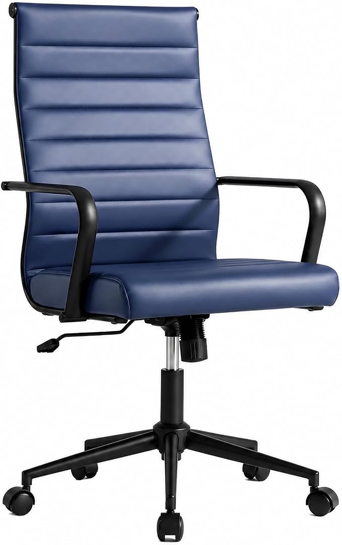 Okeysen Blue Leather Office Desk Chair, Conference Room Chairs Executive Chair Ribbed, Ergonomic Height Adjustable Swivel Rolling Chair for Home Office.