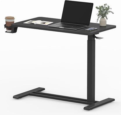 SANODESK Adjustable Overbed Bedside Table Pneumatic Adjustable Height Laptop Computer Standing Desk Cart with Tray, Hospital and Home Use(23.6" W x 13.8" D, Walnut)