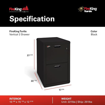 FireKing Turtle Contour - 2 Drawer Fire Safe File Cabinet with Key Lock - 1 Hour Fire Rated, UL Rated & Water Resistant Home Safe - Made in the USA Legal & Letter Filing Cabinet - Black