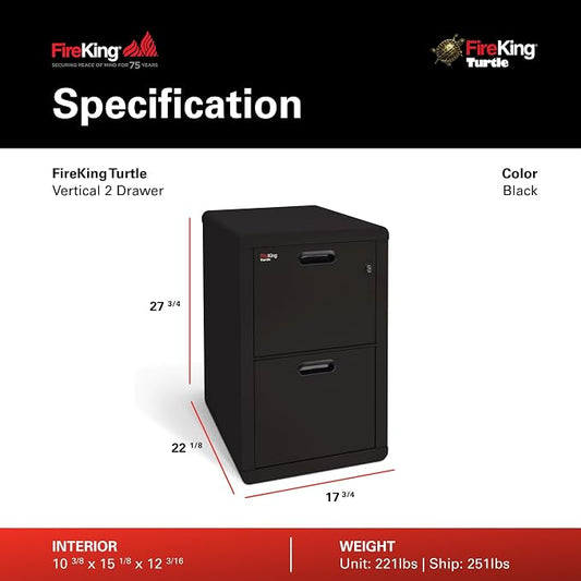 FireKing Turtle Contour - 2 Drawer Fire Safe File Cabinet with Key Lock - 1 Hour Fire Rated, UL Rated & Water Resistant Home Safe - Made in the USA Legal & Letter Filing Cabinet - Black