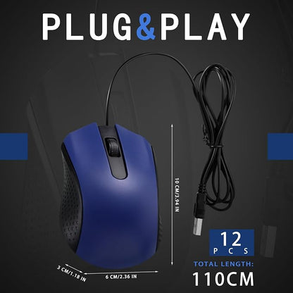 Hoteam 12 Pcs Blue Wired Computer Mouse Bulk Cord USB Computer Mice Ergonomic Wired Mouse for Pcs, Computers, Laptops, Gaming Office Home Supplies