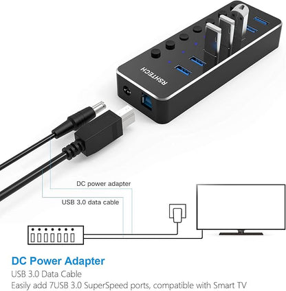 Powered USB Hub RSHTECH Type C to 7 Port USB 3.0 Data Port Hub Expander Aluminum Portable Splitter with Universal 5V AC Adapter and Individual On/Off Switches for Laptop and PC(Black)