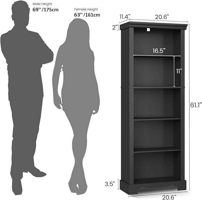 5-Tier Bookshelves and Bookcases, 61.1 inch Tall Bookshelf with Ample Storage Space, Wooden Bookcase, Modern Bookshelf for Study Room, Living Room, Home Office, Bedroom (Black)