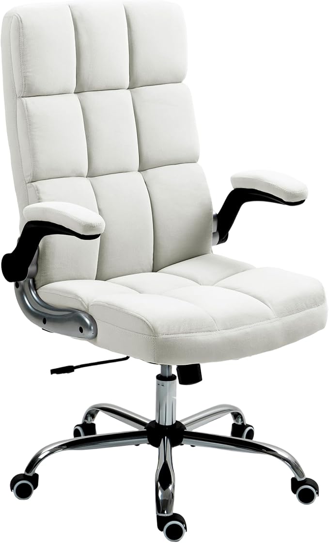 ECOTOUGE Executive Office Chair, Velvet Ergonomic Comfy Desk Chair, High Back Computer Chair with Adjustable Tilt Angle and Flip-up Arms, Beige, Without Footrest
