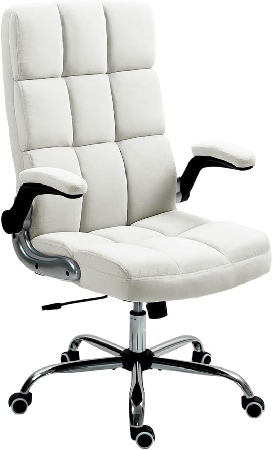 ECOTOUGE Executive Office Chair, Velvet Ergonomic Comfy Desk Chair, High Back Computer Chair with Adjustable Tilt Angle and Flip-up Arms, Beige, Without Footrest