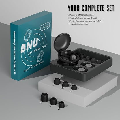 BNU Ear Plugs for Concerts, 2 Pairs 25-35dB Noise Cancelling Earplugs for Work, Motorcycle Reusable High Fidelity Noise Reduction Ear Plugs with 6 Pair Silicon and Memory Foam Tips in S/M/L, Black