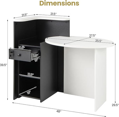 Giantex Reception Desk, Front Counter Desk with Lockable Drawer, Checkout Table with Round Tabletop, Corner Shelf & Adjustable Shelf for Office Beauty Salon Retail Store (Black & White)