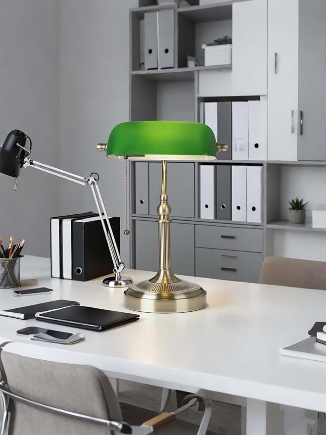 Green Glass Bankers Desk Lamp with Pull Chain Switch Plug in | Fixture for Home Office