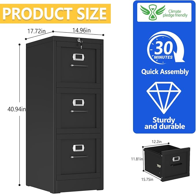 GAIOUS Metal Vertical File Cabinet with Lock, Home Office 3 Drawer Cabinet | 3 Drawer Filing Cabinet, Beside Desk File Cabinet, Black Lockable Storage Cabinet, Fits Letter/Legal/A4 Size