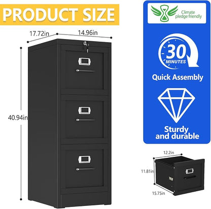 GAIOUS Metal Vertical File Cabinet with Lock, Home Office 3 Drawer Cabinet | 3 Drawer Filing Cabinet, Beside Desk File Cabinet, Black Lockable Storage Cabinet, Fits Letter/Legal/A4 Size