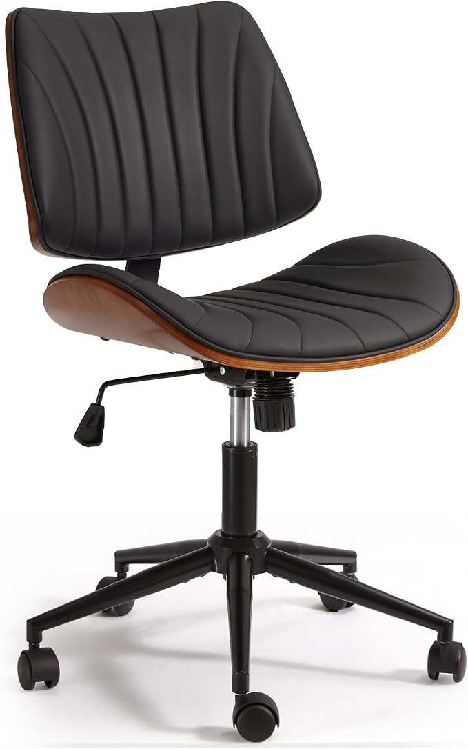 EROMMY Armless Office Desk Chair,Wooden Back Small Office Desk Chair No Arms Adjustable Height Modern Armless Chairs with Swivel Wheels for Small Spaces, Black