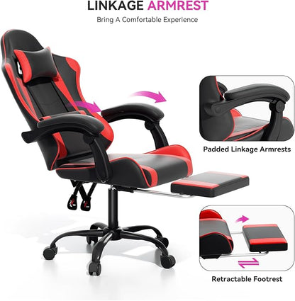 Gaming Chair, Ergonomic Computer Chairs with Arms, Lumbar Support, Footrest, Headrest 360°Swivel Chair, Adjustable Back and Height, Leather PC Chairs for Gaming, Study, Office, Black/Red