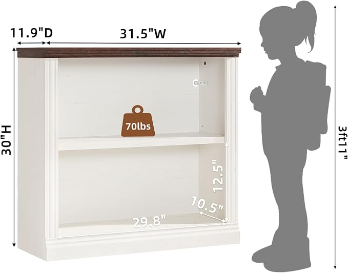 RWYHG 30" White Bookshelf,2-Tier Thick Wooden Book Shelf with Adjustable Shelves,Free Standing Farmhouse Bookcase with Open Display Storage,Floor Vintage Bookshelves for Living Room,Office