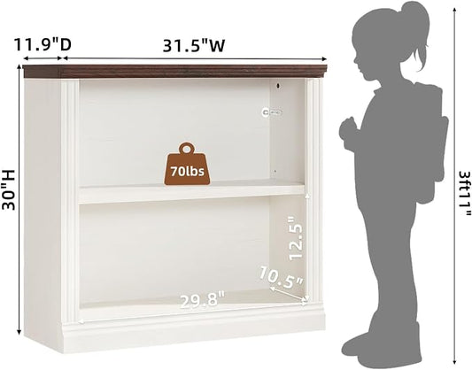RWYHG 30" White Bookshelf,2-Tier Thick Wooden Book Shelf with Adjustable Shelves,Free Standing Farmhouse Bookcase with Open Display Storage,Floor Vintage Bookshelves for Living Room,Office