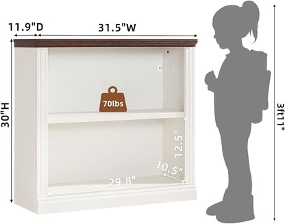 RWYHG 30" White Bookshelf Set of 2,2-Tier Thick Wood Book Shelf with Adjustable Shelve,Free Standing Farmhouse Bookcase with Open Display Storage,Floor Vintage Bookshelves for Living Room,Office