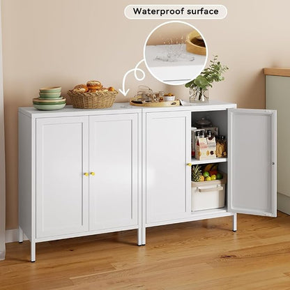 2 Door Metal Accent Storage Cabinet for Office Room,Garage-Metal Floor Bathroom Storage Cabinet with 1 Adjustable Shelves,Freestanding Sideboard for Small Spaces (Square Door, White)