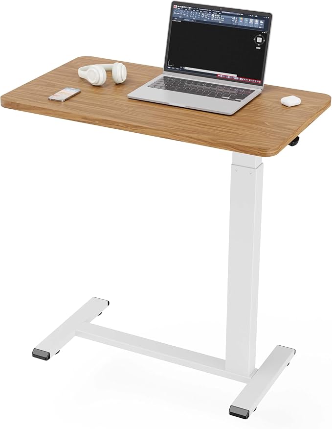 Ywin Medical Overbed Table with Wheels, Pneumatic Lift, Light Rustic Brown | Rolling Bedside Table, Adjustable Height 27–43Inch, Mobile Portable Laptop Desk Perfect for Home Use, Patient Care, Office