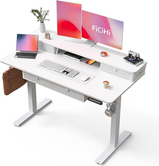 FiCiHi Electric Standing Desk with Four Drawers, 48 x 24 Inch Adjustable Height Sit Stand Desk, C-Clamp Compatible Home Office Desk with Storage Shelf & Monitor Stand Riser, White