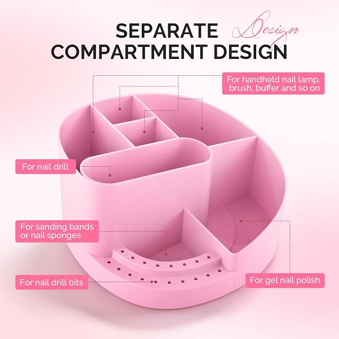 MelodySusie Nail Drill Holder & Nail Art Tools Storage Box, Large Capacity Sturdy Desk Organizer for 3/32" Nail Drill Bits, Nail Tech Supplies Container for Acrylic Salon & Home, Pink
