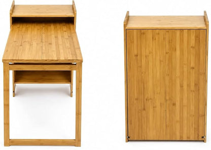 HDDFER Bamboo Folding Desk for Small Spaces,Hidden Desk with Storage Shelf, Foldable Computer Desk for Bedroom Home Office, Mid Century Modern Fold Out Table Writing Table, Natural