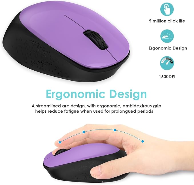 LeadsaiL Wireless Mouse for Laptop, 2.4GHz Silent USB Mouse, Slim Optical Mouse with 3 Buttons, 1600 DPI, Works with Windows, Mac, Chrome OS, Linux - Black and Purple