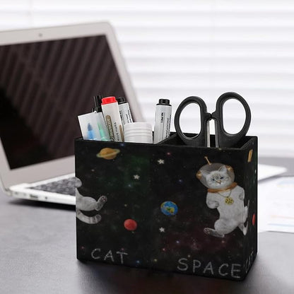 Niapessel Pencil Holder for Desk, Cat Astronaut Outer Space Pen Holder Storage Desktop Pen Organizer Desk Pencil Organizer Makeup Brush Holder for Office School College Leather