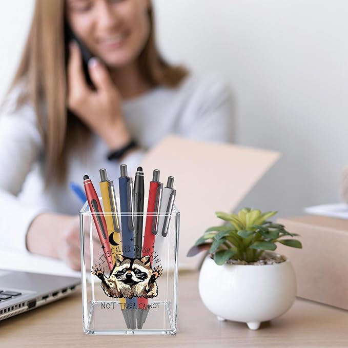 Funny Raccoon Pen Holder - It's Called Trash Can Not Trash Cannot - Clear Acrylic Makeup Brush Organizer, Inspirational Trash Panda Desk Decor, Gag Gift for Coworker, Office Accessories