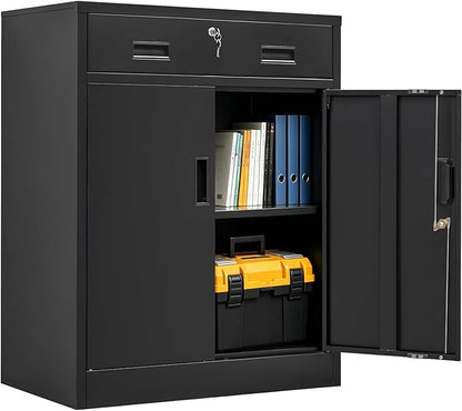 CJF Metal Storage Cabinet, Locking Storage Cabinet with 1 Drawer and Adjustable Shelf, 36" H x 28" W x 16" D Metal Cabinets for Office, Home, Garage -Black