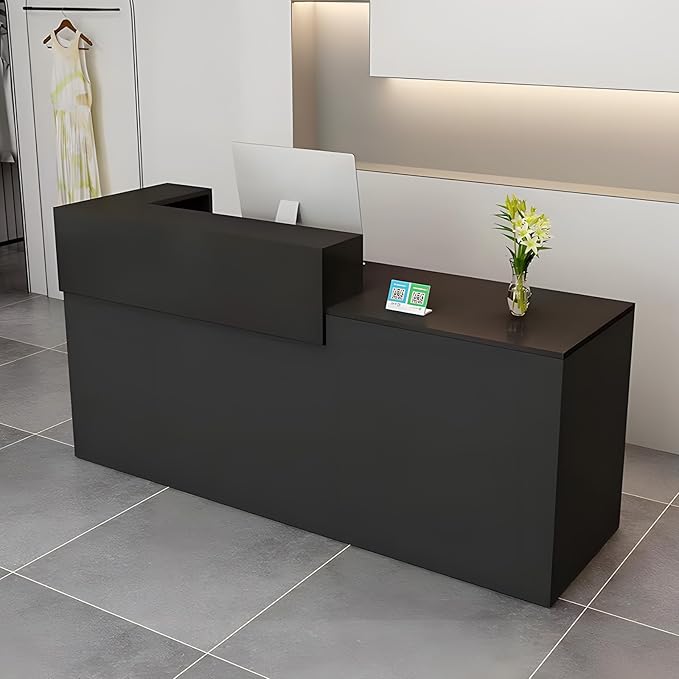 Modern Reception Desk with Drawer & Open Shelves, 39-95 Inch Front Counter Table, Computer Workstation Suitable for Salons, Offices, Lobbies, Retail Stores and Home Offices