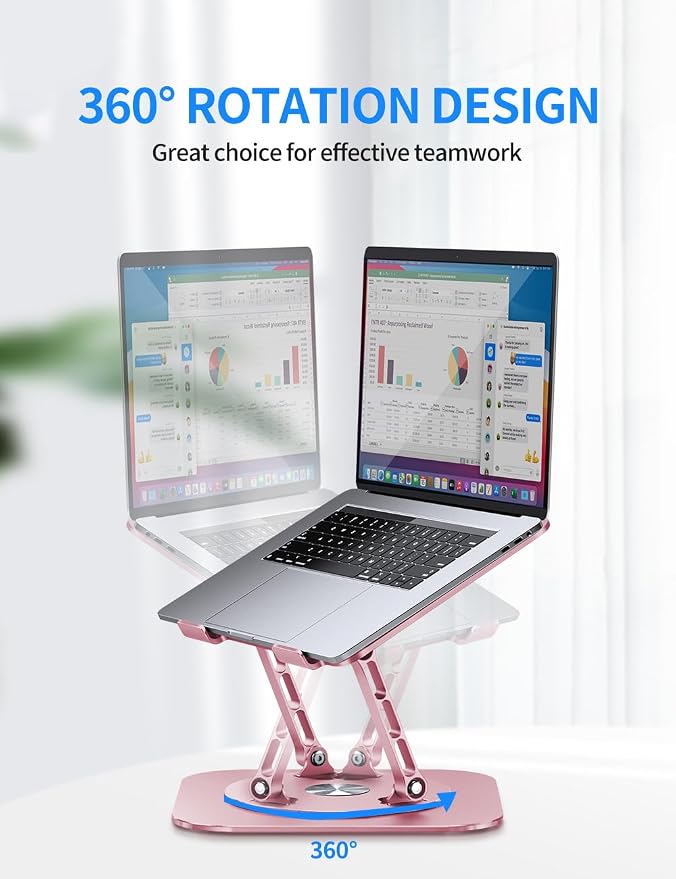 AOEVI Adjustable Laptop Stand with 360 Rotating Base, Computer Stand for Laptop Ergonimic Foldable Laptop Riser for Desk Compatible with MacBook Pro/Air Notebook up to 16 Inches,Pink