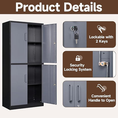 Metal Cabinet, 71' Tall, 4-Door, Locking, Adjustable Shelves, Heavy Duty, Black & Grey, Home Office, Garage Storage Cabinet