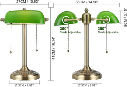 Green Double Head Glass Bankers Desk Lamp,Plug in | Pull Chain Switch Fixture for Library Office Cafe