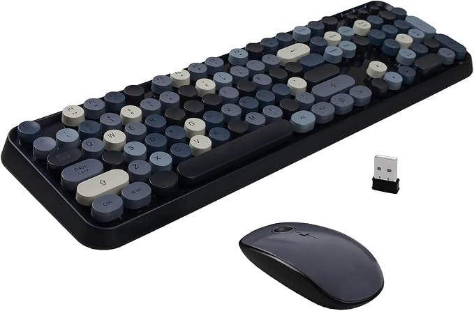 Wireless Keyboard and Mouse Combo, Retro Typewriter Style Round Key Keyboard, 2.4GHz Wireless Full Size Keyboard with Number Pad for Long Nails PC Laptop Desktop- Black Grey
