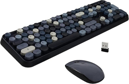 Wireless Keyboard and Mouse Combo, Retro Typewriter Style Round Key Keyboard, 2.4GHz Wireless Full Size Keyboard with Number Pad for Long Nails PC Laptop Desktop- Black Grey
