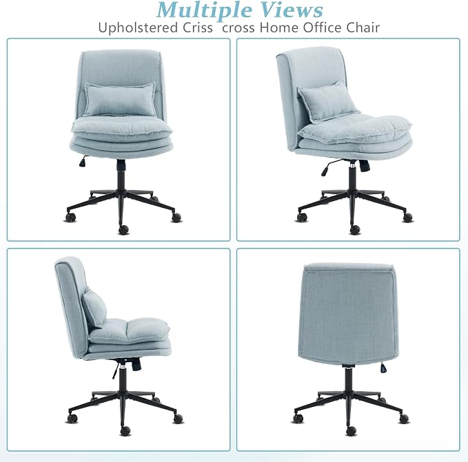 VINGLI Cloud Criss Cross Legged Chair,18" High Back Armless Home Office Desk Chair with Wheels,Wide Adjustable Comfy Padded Seat Task Computer Chair,Modern Swivel Makeup Vanity Chair,Fabric,Blue