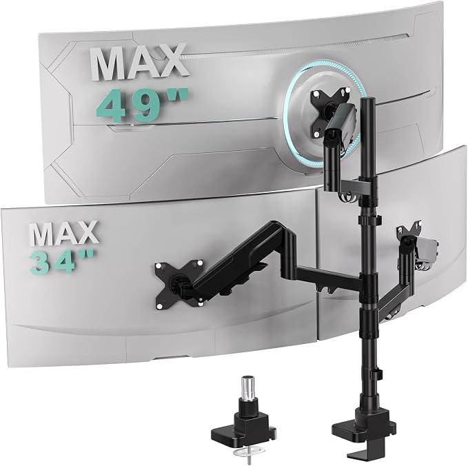 WALI Triple Monitor Mount for up to 49 inch Ultrawides on Top Bracket and 34 inch Screens on Side Brackets, Tall Triple Monitor Stand for Desk, Heavy Duty Monitor Arm up to 33 lbs (GSDM003XLN), Black