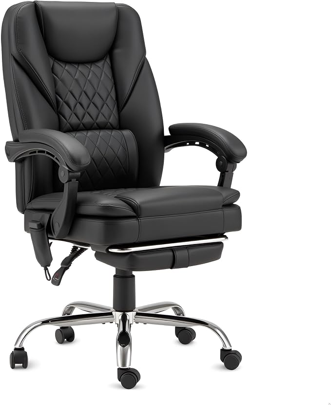 HOMREST 6-Point Massage Office Chair with Heat, 500lbs Big and Tall Executive Chair, Ergonomic Reclining Desk Chair with Footrest & Lumbar Support, Adjustable Armrest, PU Leather (Black)