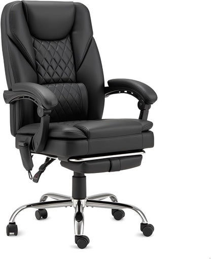HOMREST 6-Point Massage Office Chair with Heat, 500lbs Big and Tall Executive Chair, Ergonomic Reclining Desk Chair with Footrest & Lumbar Support, Adjustable Armrest, PU Leather (Black)