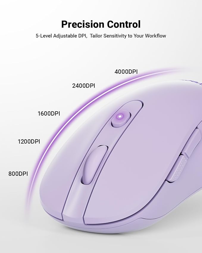 wegear USB Wireless Mouse for Laptop PC Mac, 2.4GHz Cordless Mouse with 6 Buttons, 5-Level Adjustable 4000 DPI, Ergonomic Portable Optical Computer Mice, 24-Month Battery Life (Purple)