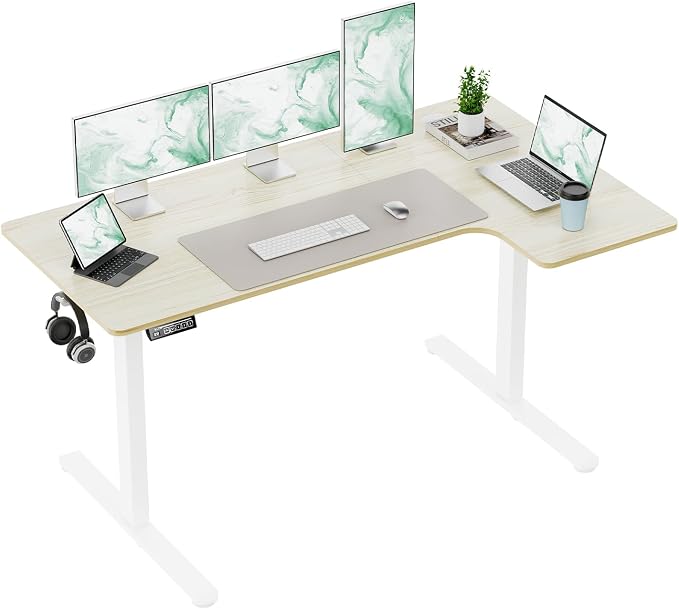 EcoZen Standing Desk Electric Height Adjustable Desk 55 x 33.5 Inches L Shaped Sit Stand up Desk, Computer Home Office Desk Memory Preset with Two-Piece Fir Wood Desktop (Lightwood, 55 * 33.5 Inch)