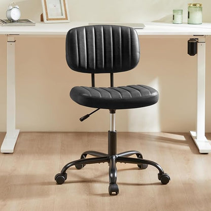 Simple Deluxe Small Office Chair, Armless Desk Chair with Wheels, PU Leather Comfy Computer Task Swivel Vanity Rolling Chairs No Arms for Small Space, Home Office, Black