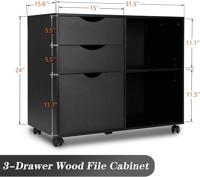 QDSSDECO 3-Drawer with Shelf Wood File Cabinet Mobile Lateral Filing Cabinet, with Rolling Wheel Printer Stand and Open Adjustable Storage Shelves, for Home Office, Black