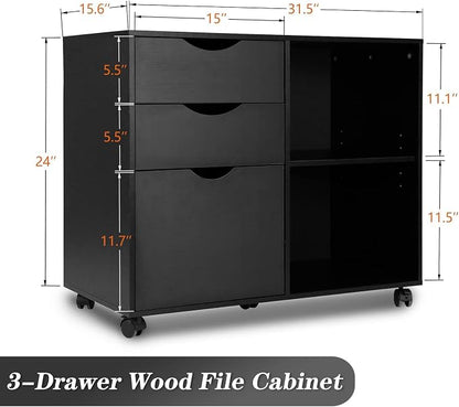 QDSSDECO 3-Drawer with Shelf Wood File Cabinet Mobile Lateral Filing Cabinet, with Rolling Wheel Printer Stand and Open Adjustable Storage Shelves, for Home Office, Black