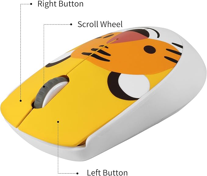 3C Light 2.4GHz Wireless Cute Silent Mouse - Portable Optical Cartoon Mice With 3 Adjustable DPI for Laptop Desktop PC (Tiger)