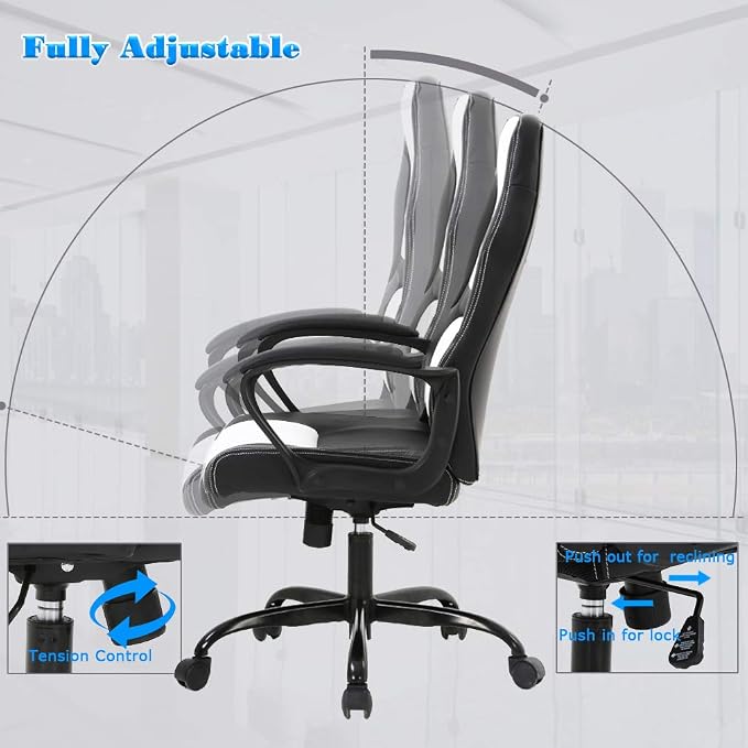 BestOffice Office Chair PC Gaming Chair Cheap Desk Chair Ergonomic PU Leather Executive Computer Chair Lumbar Support for Women, Men (White)